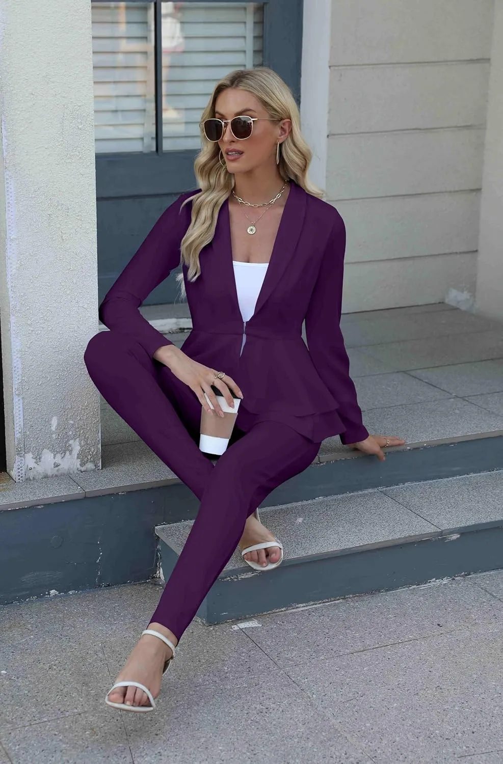 Salimdy Sexy 2 Piece Outfits for Women Long Sleeve Solid Blazer with Pants Casual Elegant Business Suit Sets