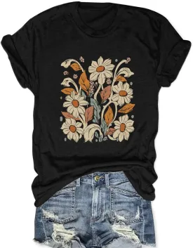 Savarana Women Vintage Flower Shirts Boho Wildflower T-Shirt Funny Nature Cottage Core Floral Short Sleeve Tops