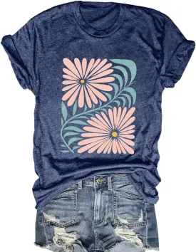 Savarana Women Vintage Flower Shirts Boho Wildflower T-Shirt Funny Nature Cottage Core Floral Short Sleeve Tops