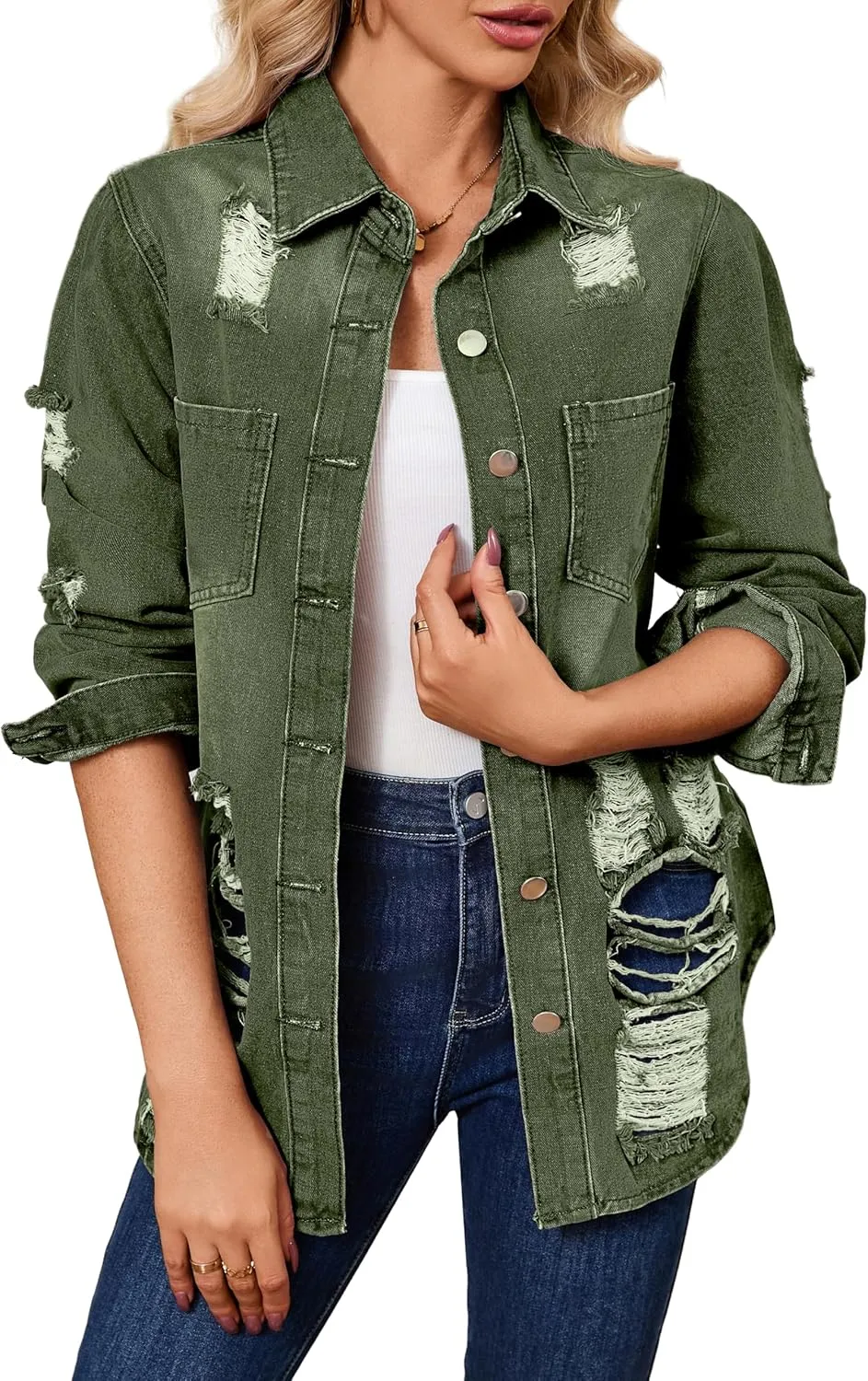 sexycherry Denim Jacket for Women Long Sleeve Classic Trucker Jeans Long Coat Outwear with Pockets