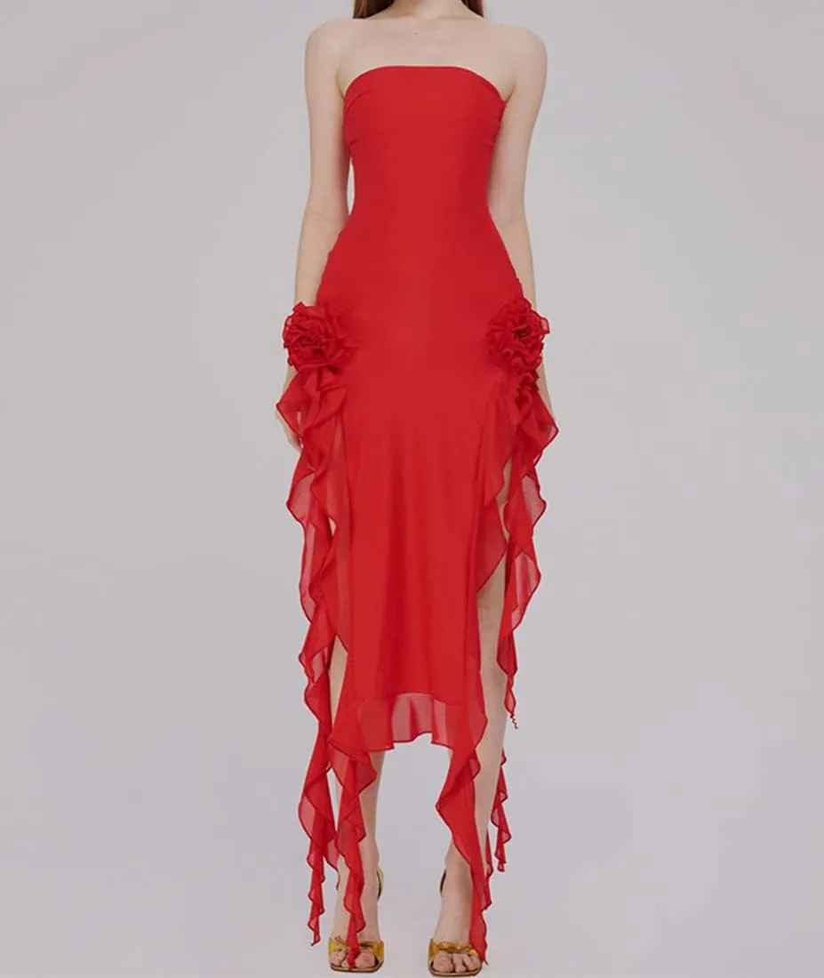 SHESEEWORLD Women's Sexy Fringe Ruffle Sleeveless Backless Off Shoulder Bodycon Split Irregular Hem Maxi Flowy Dress