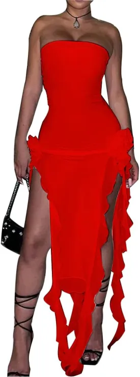 SHESEEWORLD Women's Sexy Fringe Ruffle Sleeveless Backless Off Shoulder Bodycon Split Irregular Hem Maxi Flowy Dress