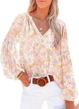 SHEWIN Women's Casual Boho Floral Print V Neck Long Sleeve Loose Blouses Shirts Tops
