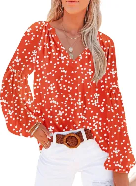SHEWIN Women's Casual Boho Floral Print V Neck Long Sleeve Loose Blouses Shirts Tops
