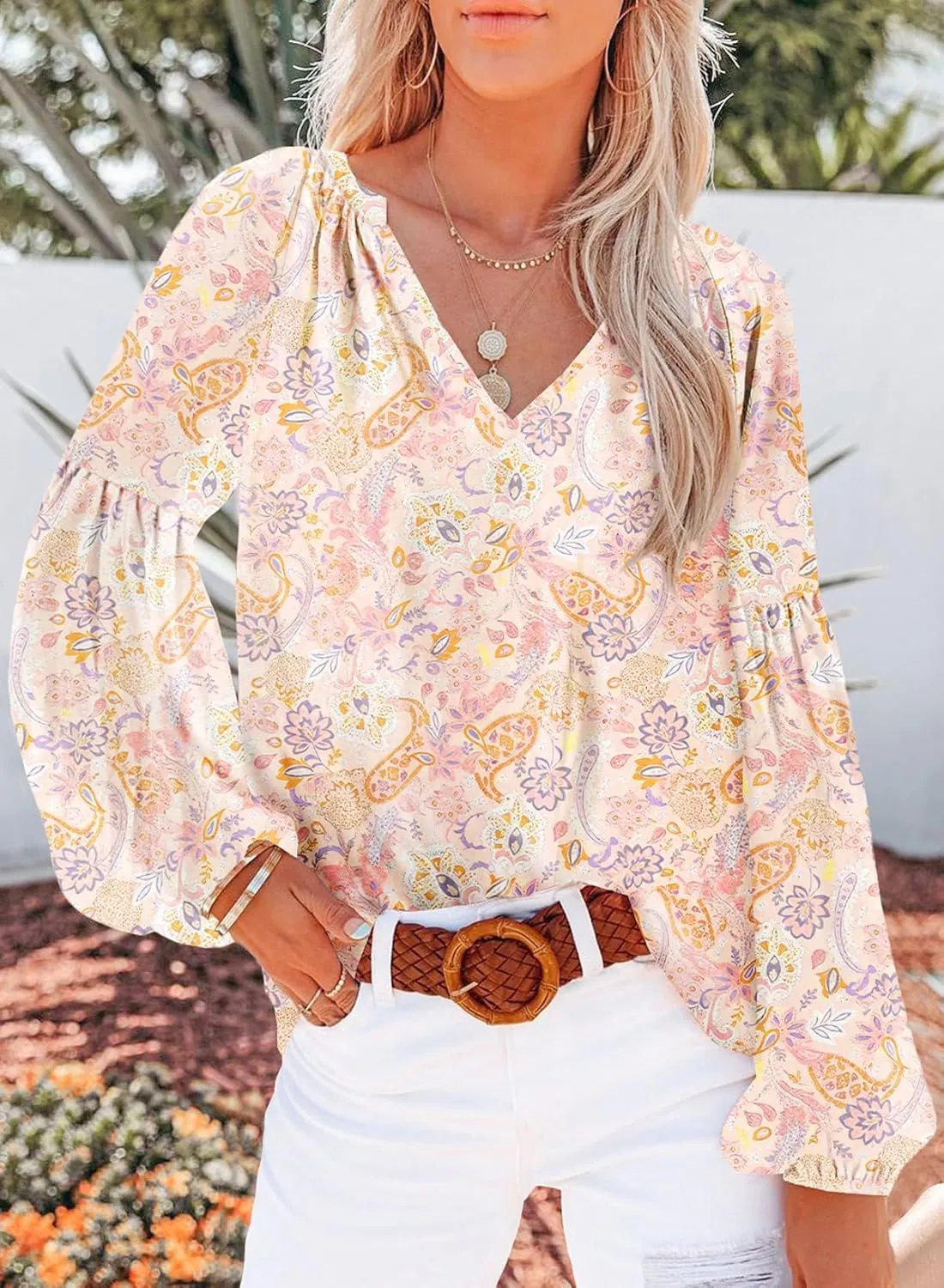 SHEWIN Women's Casual Boho Floral Print V Neck Long Sleeve Loose Blouses Shirts Tops