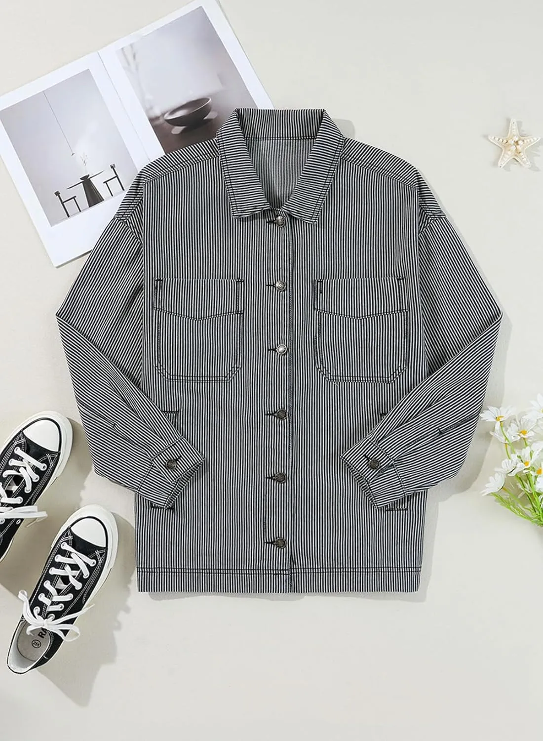 Sidefeel Women's Jean Jacket Oversized Boyfriend Button Up Long Sleeve Split Zimbaplatinum Denim Jackets