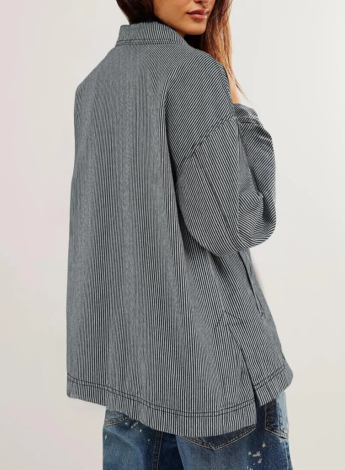 Sidefeel Women's Jean Jacket Oversized Boyfriend Button Up Long Sleeve Split Zimbaplatinum Denim Jackets