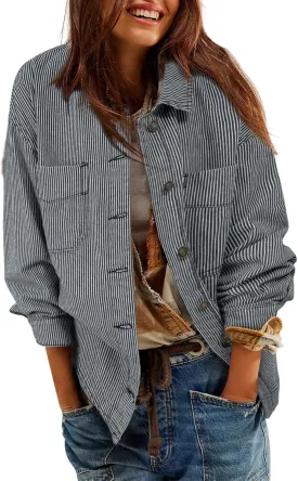 Sidefeel Women's Jean Jacket Oversized Boyfriend Button Up Long Sleeve Split Zimbaplatinum Denim Jackets