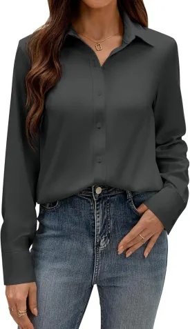 siliteelon Button Down Dress Shirts for Women Long Sleeve Wrinkle Free Shirts Solid Work Business Formal Button Up Shirt