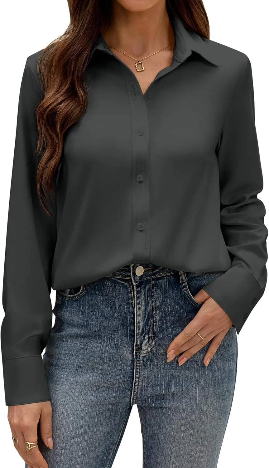 siliteelon Button Down Dress Shirts for Women Long Sleeve Wrinkle Free Shirts Solid Work Business Formal Button Up Shirt