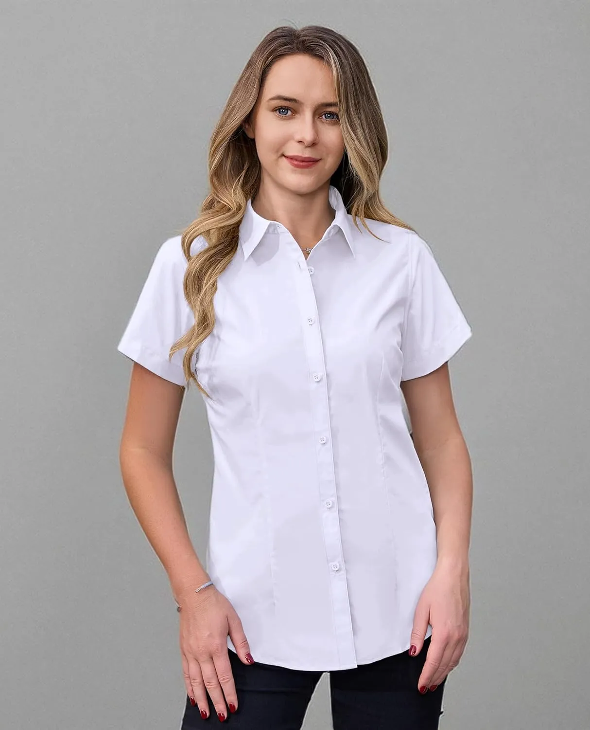 siliteelon Dress Shirts for Women Short Sleeve Cotton Button Down Shirt Basic Button Up Shirt Collared Shirts Work Shirt