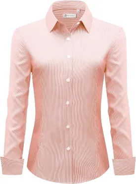 siliteelon Womens Stripe Dress Shirts Long Sleeve Button Down Wrinkle-Free Stretch Solid Casual Work Office Blouse Top