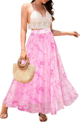Sinono Women's Floral Maxi Chiffon Long Skirts Full Length Beach Skirt