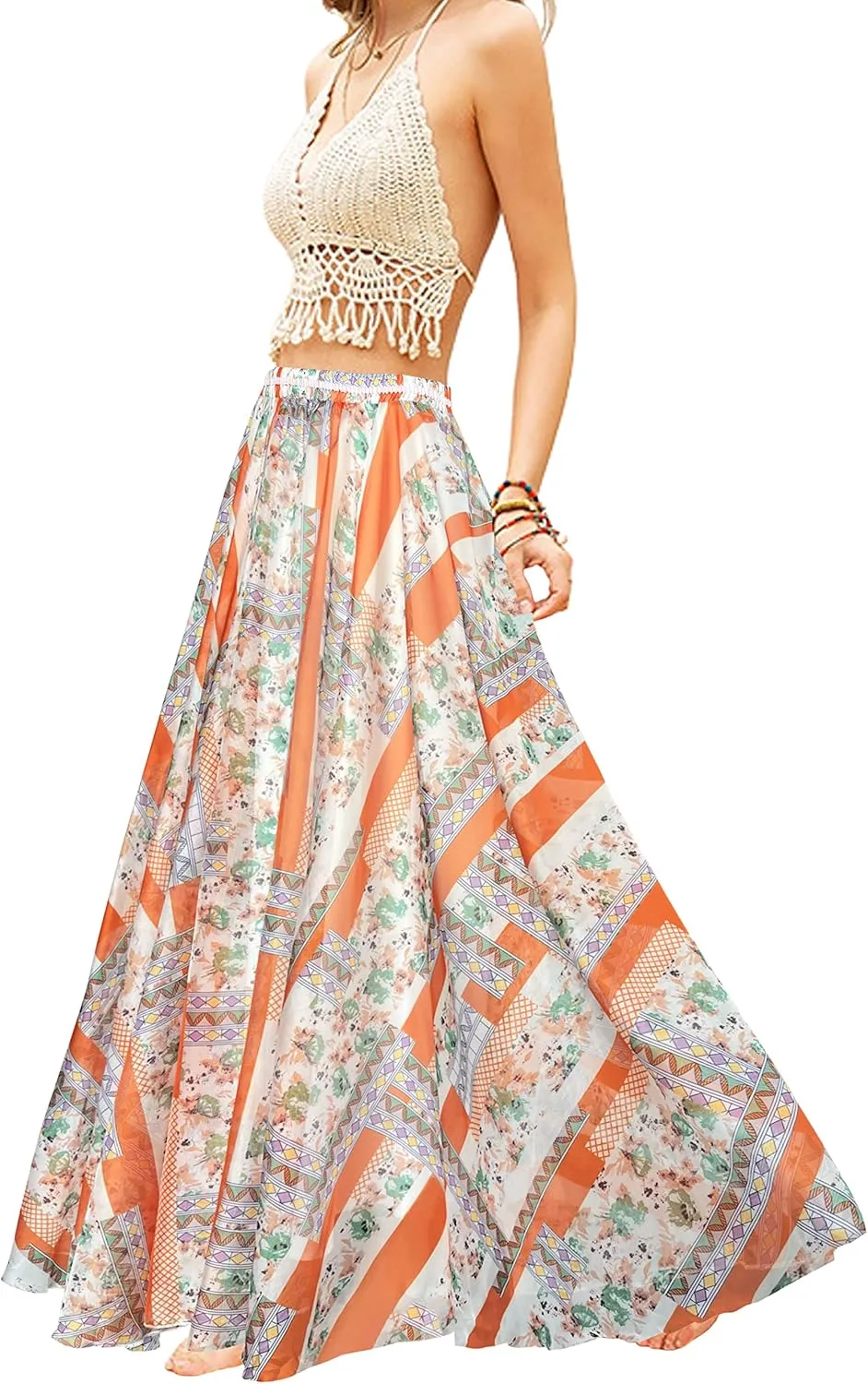 Sinono Women's Floral Maxi Chiffon Long Skirts Full Length Beach Skirt