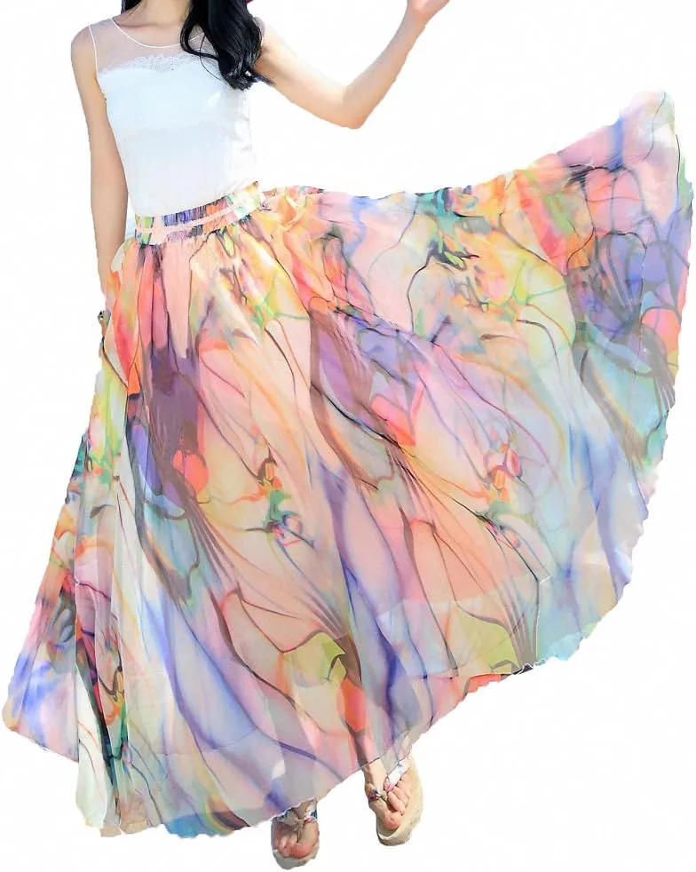 Sinono Women's Floral Maxi Chiffon Long Skirts Full Length Beach Skirt