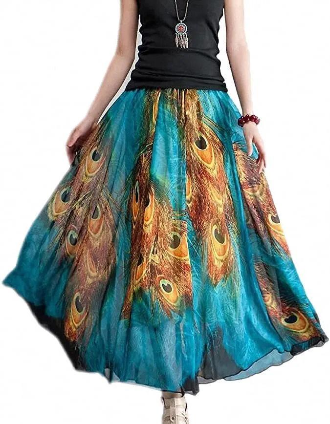 Sinono Women's Floral Maxi Chiffon Long Skirts Full Length Beach Skirt