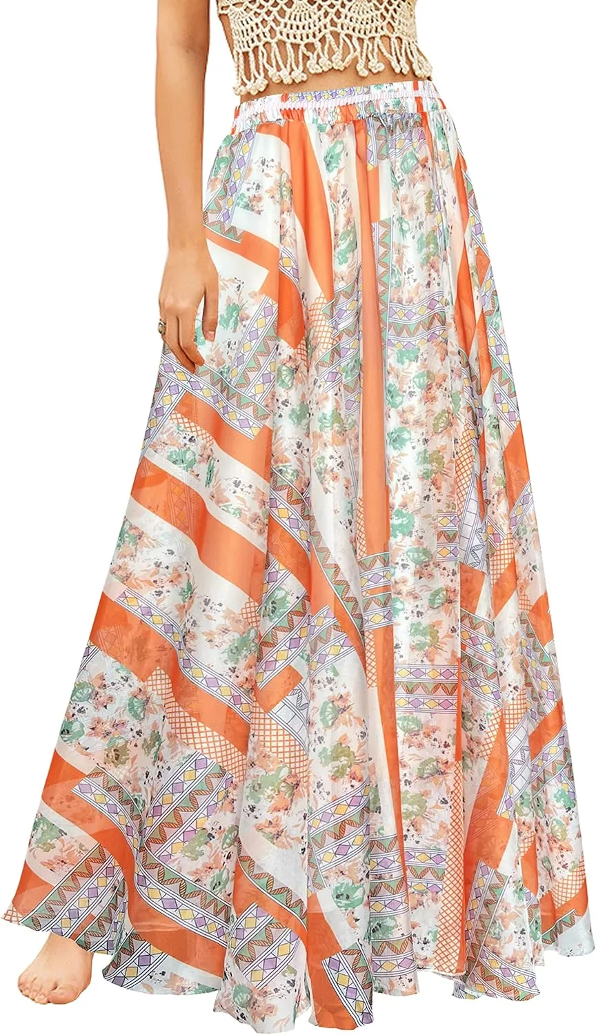 Sinono Women's Floral Maxi Chiffon Long Skirts Full Length Beach Skirt