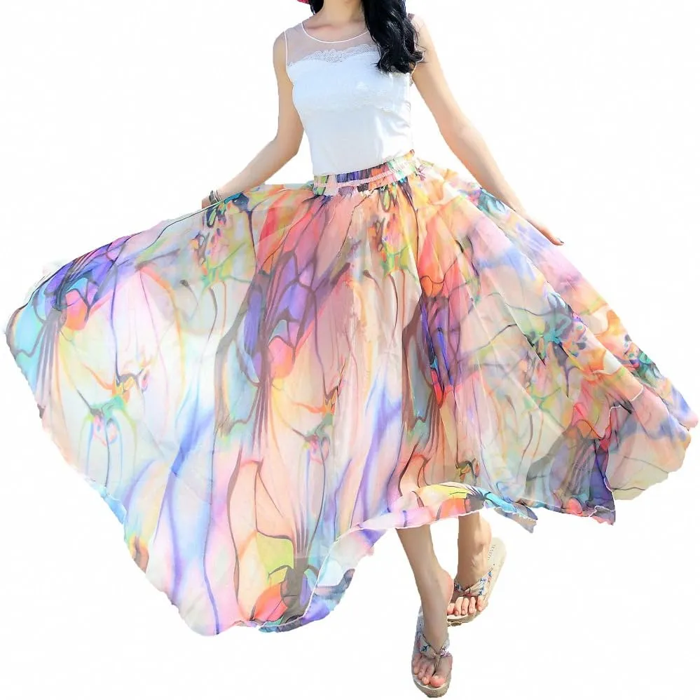 Sinono Women's Floral Maxi Chiffon Long Skirts Full Length Beach Skirt