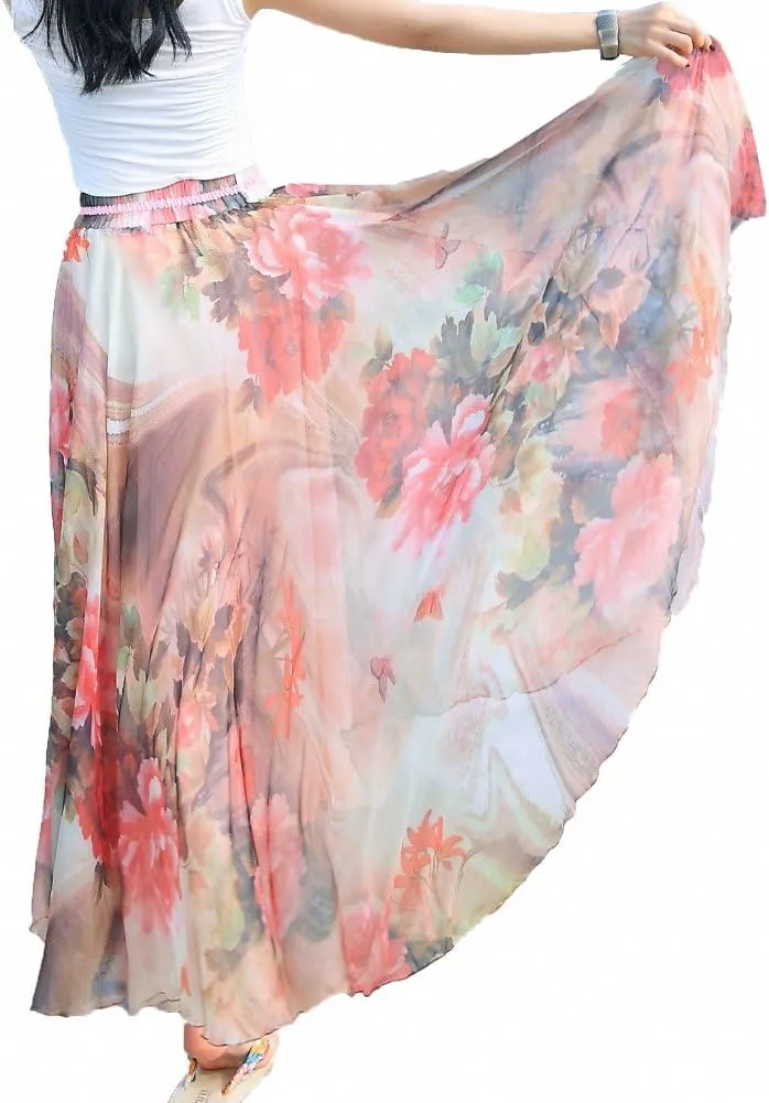 Sinono Women's Floral Maxi Chiffon Long Skirts Full Length Beach Skirt