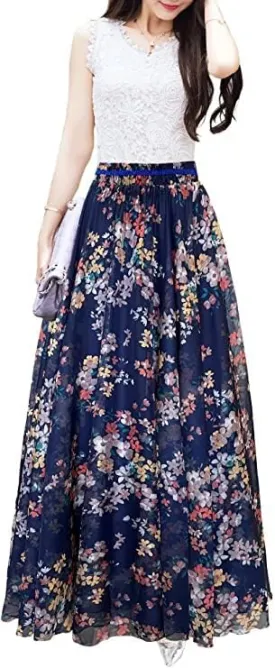 Sinono Women's Floral Maxi Chiffon Long Skirts Full Length Beach Skirt