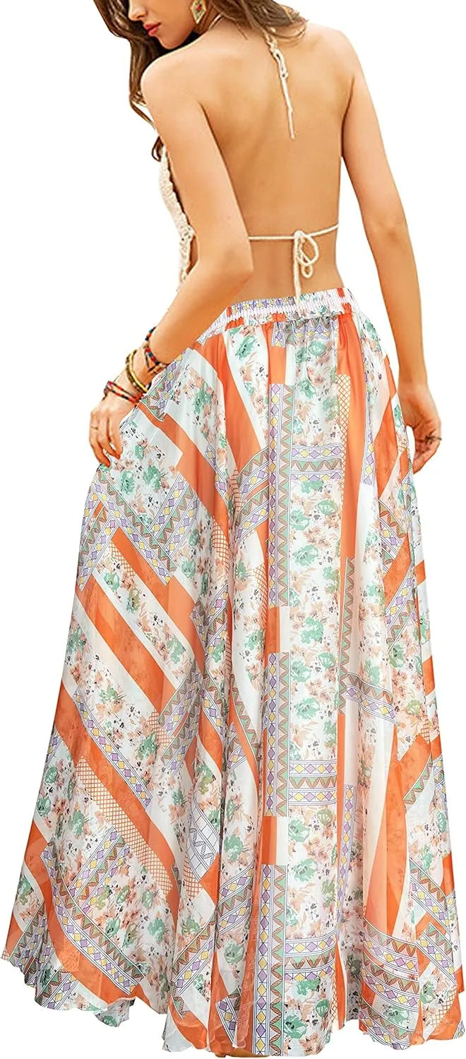 Sinono Women's Floral Maxi Chiffon Long Skirts Full Length Beach Skirt