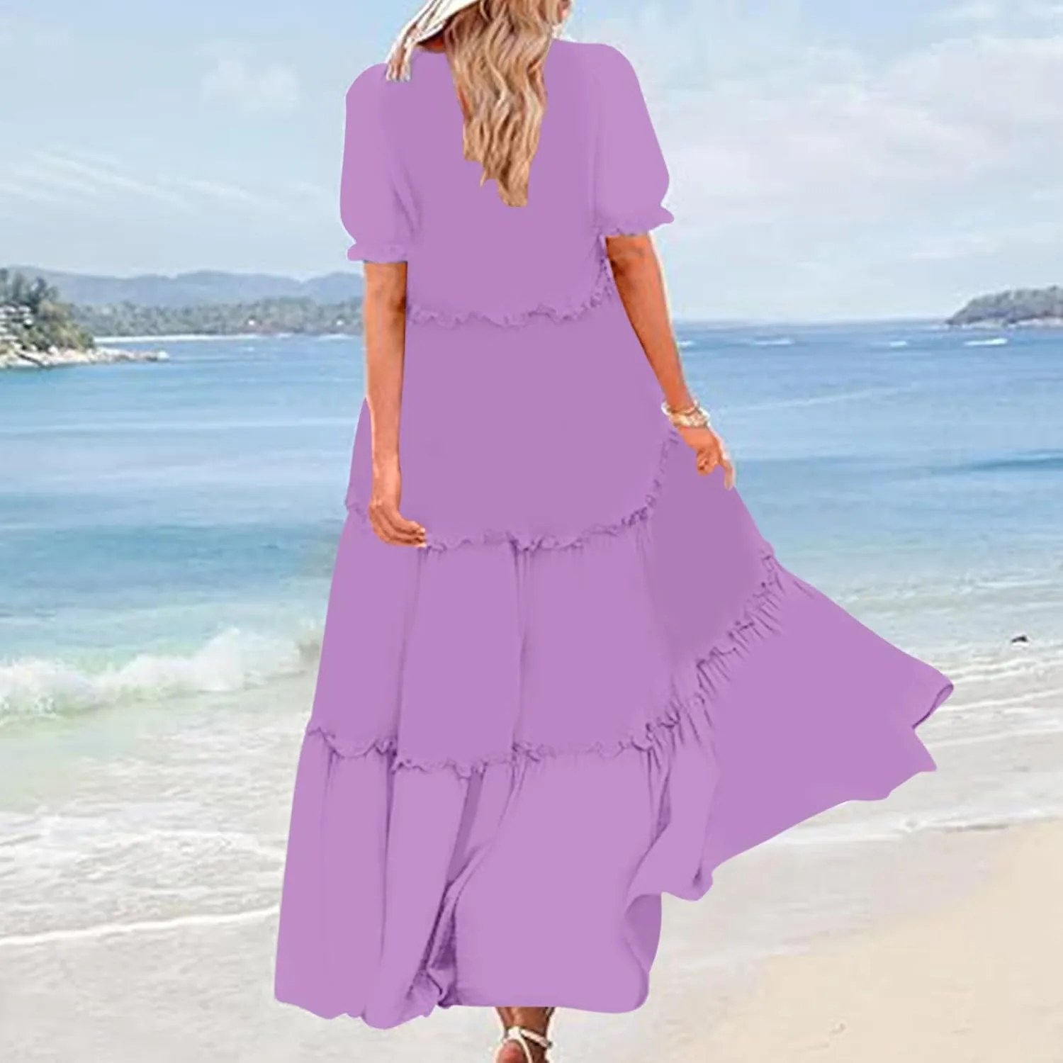 Summer Long Dresses for Women 2024 Casual Loose Fitting Tiered Ankle Length Dresses Solid Short Sleeve Maxi Dress