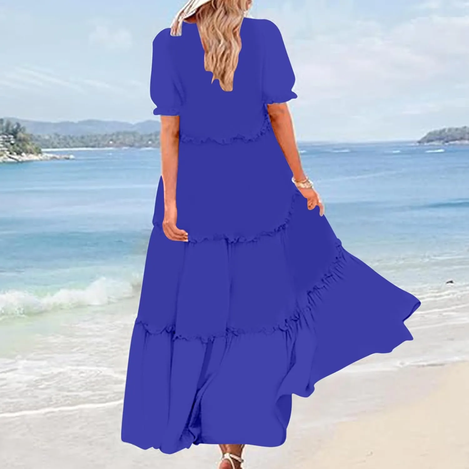 Summer Long Dresses for Women 2024 Casual Loose Fitting Tiered Ankle Length Dresses Solid Short Sleeve Maxi Dress