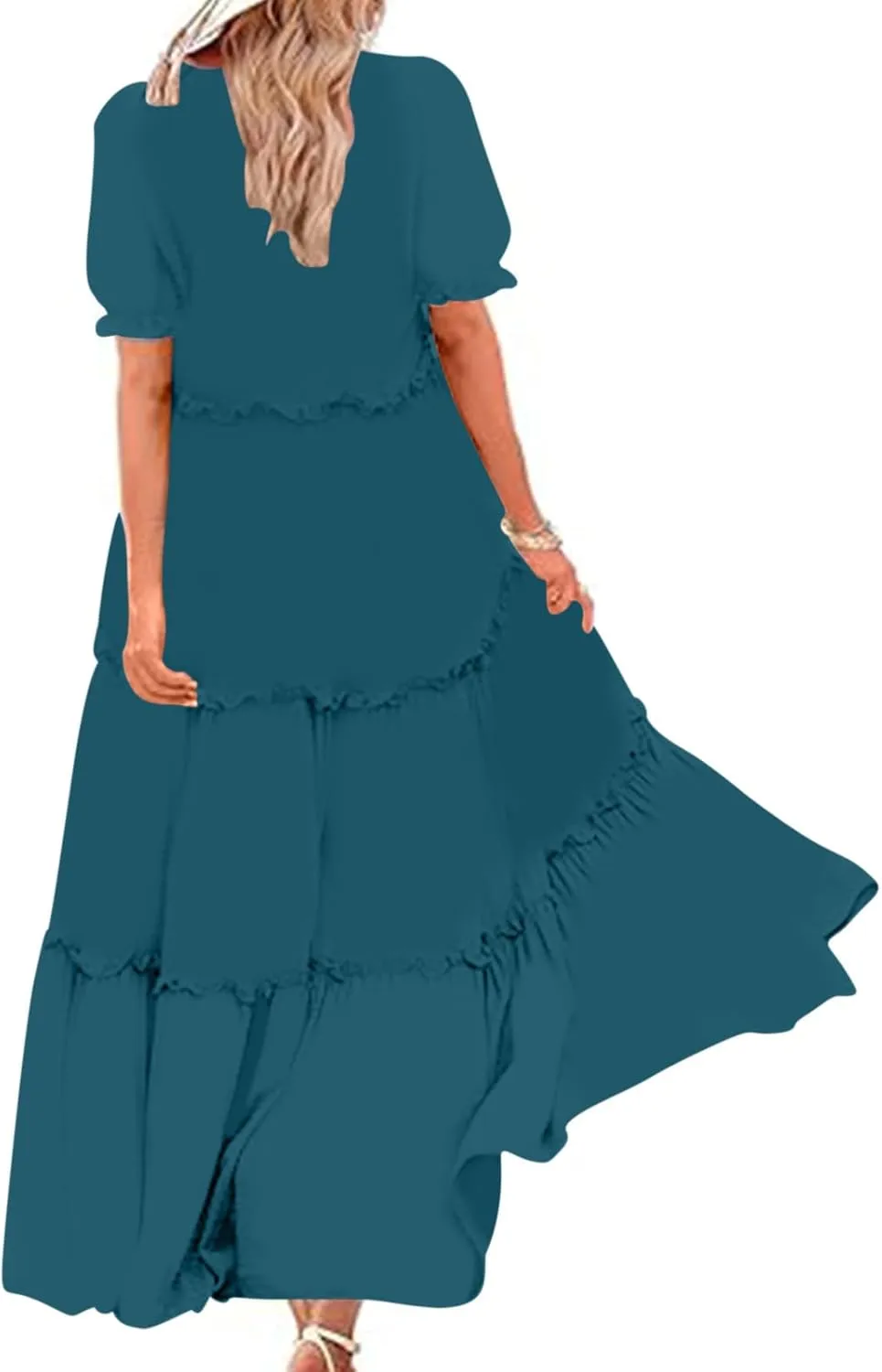 Summer Long Dresses for Women 2024 Casual Loose Fitting Tiered Ankle Length Dresses Solid Short Sleeve Maxi Dress