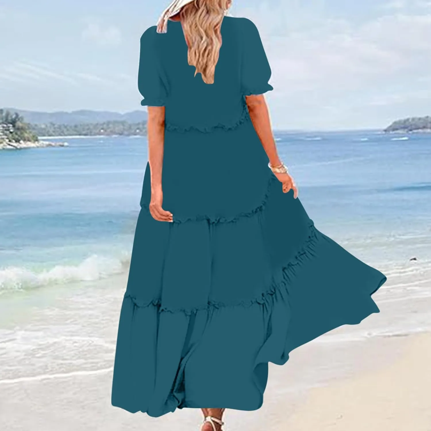 Summer Long Dresses for Women 2024 Casual Loose Fitting Tiered Ankle Length Dresses Solid Short Sleeve Maxi Dress