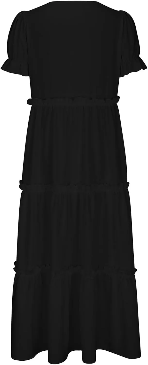 Summer Long Dresses for Women 2024 Casual Loose Fitting Tiered Ankle Length Dresses Solid Short Sleeve Maxi Dress