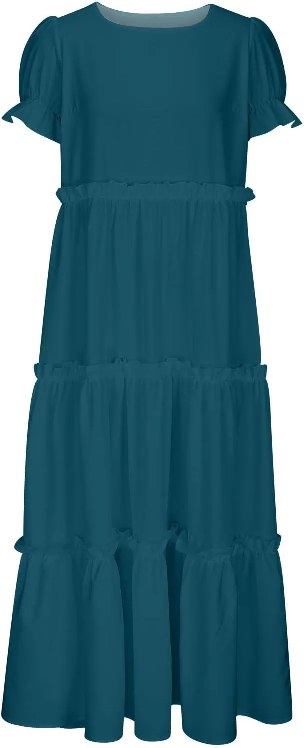 Summer Long Dresses for Women 2024 Casual Loose Fitting Tiered Ankle Length Dresses Solid Short Sleeve Maxi Dress