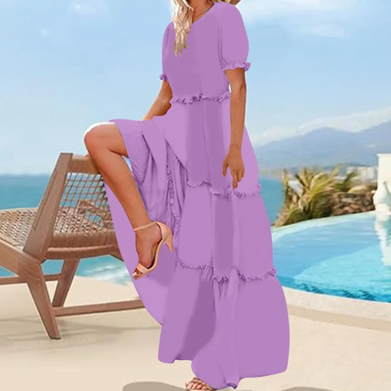 Summer Long Dresses for Women 2024 Casual Loose Fitting Tiered Ankle Length Dresses Solid Short Sleeve Maxi Dress