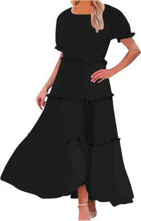 Summer Long Dresses for Women 2024 Casual Loose Fitting Tiered Ankle Length Dresses Solid Short Sleeve Maxi Dress