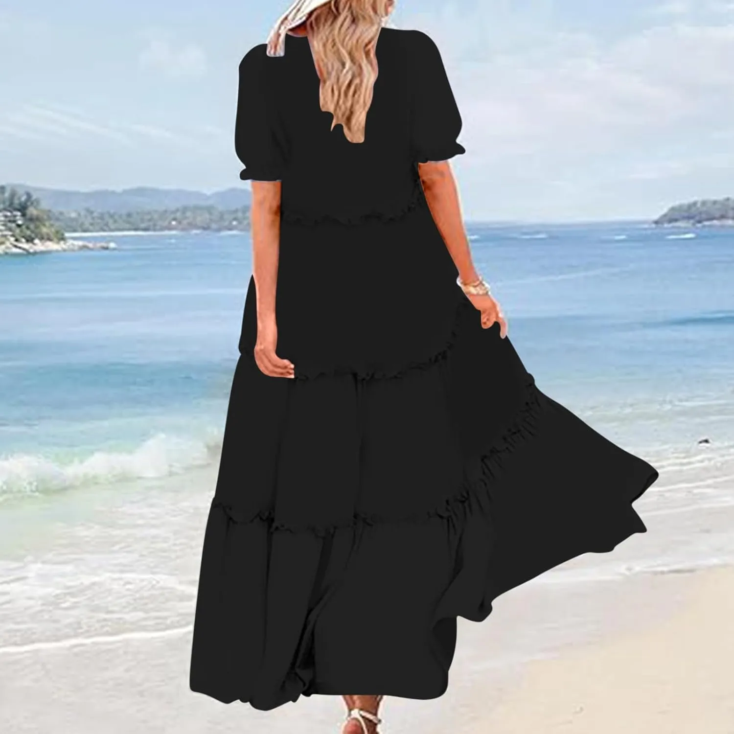 Summer Long Dresses for Women 2024 Casual Loose Fitting Tiered Ankle Length Dresses Solid Short Sleeve Maxi Dress