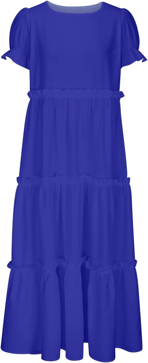 Summer Long Dresses for Women 2024 Casual Loose Fitting Tiered Ankle Length Dresses Solid Short Sleeve Maxi Dress