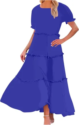 Summer Long Dresses for Women 2024 Casual Loose Fitting Tiered Ankle Length Dresses Solid Short Sleeve Maxi Dress
