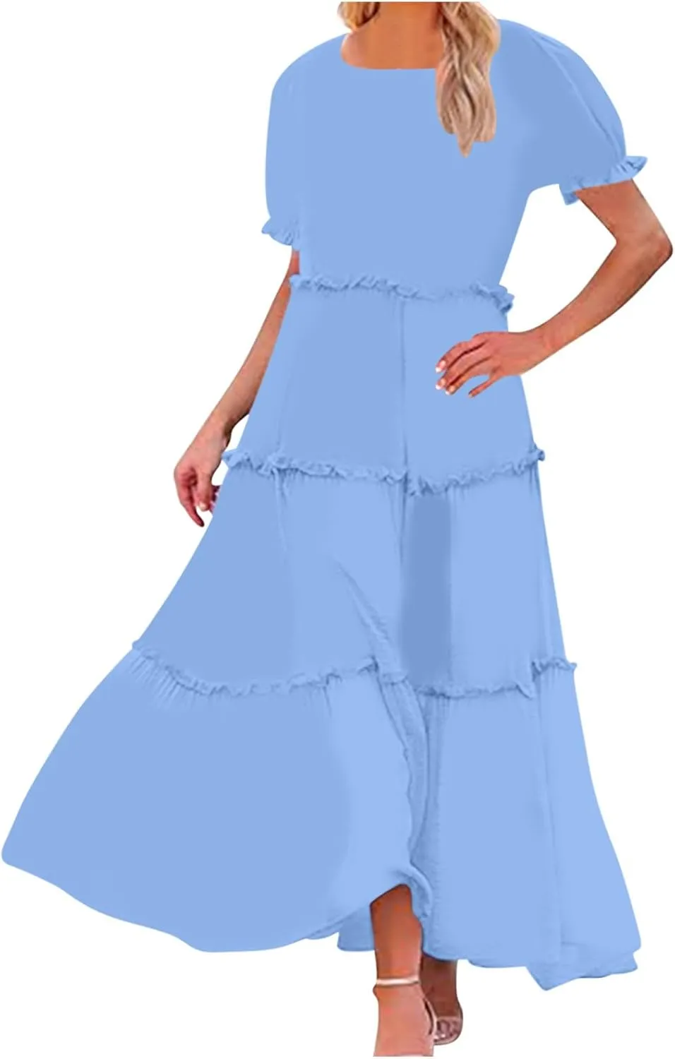 Summer Long Dresses for Women 2024 Casual Loose Fitting Tiered Ankle Length Dresses Solid Short Sleeve Maxi Dress