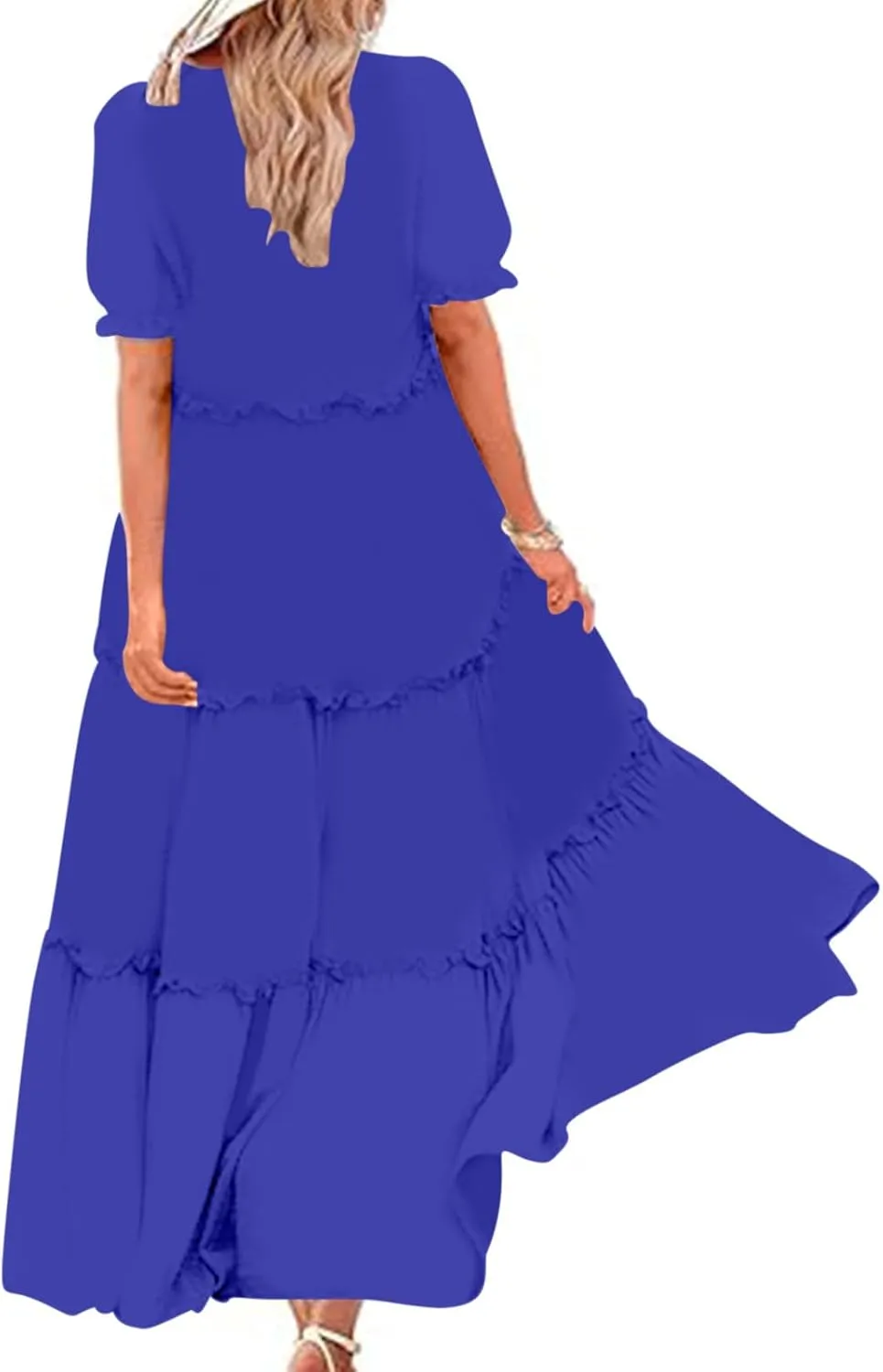 Summer Long Dresses for Women 2024 Casual Loose Fitting Tiered Ankle Length Dresses Solid Short Sleeve Maxi Dress