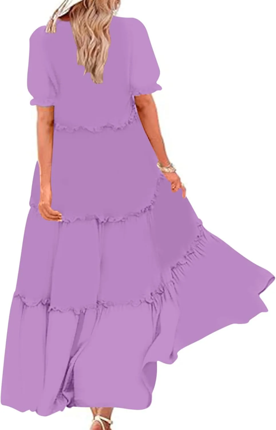 Summer Long Dresses for Women 2024 Casual Loose Fitting Tiered Ankle Length Dresses Solid Short Sleeve Maxi Dress