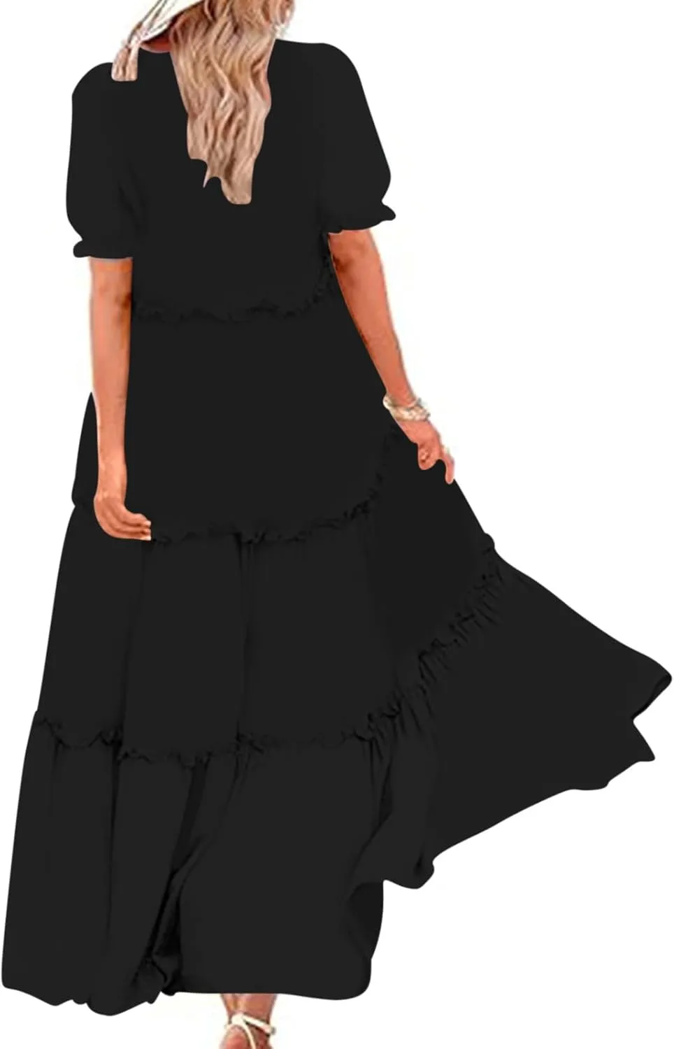 Summer Long Dresses for Women 2024 Casual Loose Fitting Tiered Ankle Length Dresses Solid Short Sleeve Maxi Dress