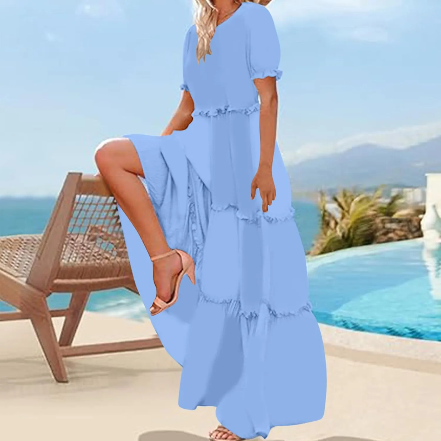 Summer Long Dresses for Women 2024 Casual Loose Fitting Tiered Ankle Length Dresses Solid Short Sleeve Maxi Dress