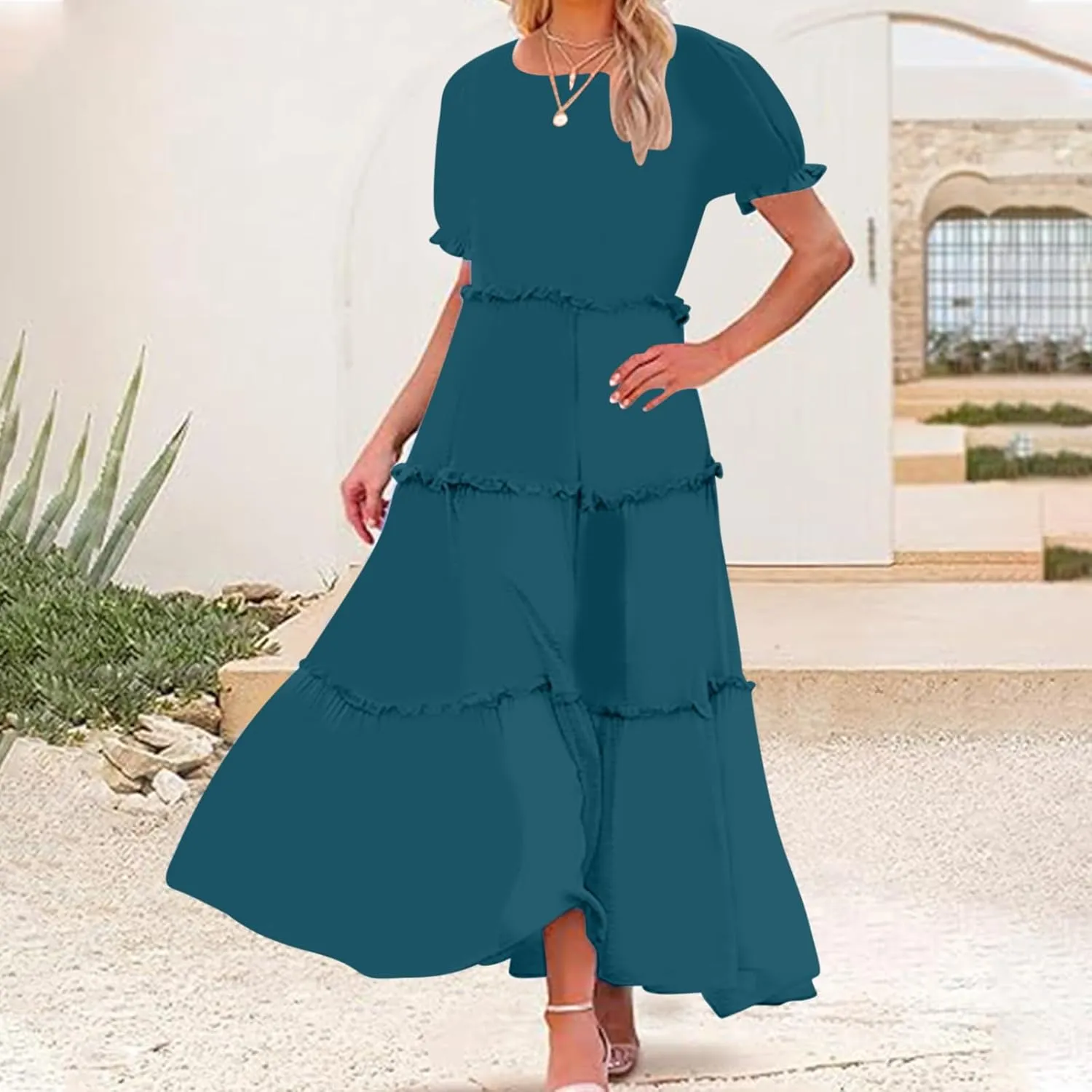 Summer Long Dresses for Women 2024 Casual Loose Fitting Tiered Ankle Length Dresses Solid Short Sleeve Maxi Dress