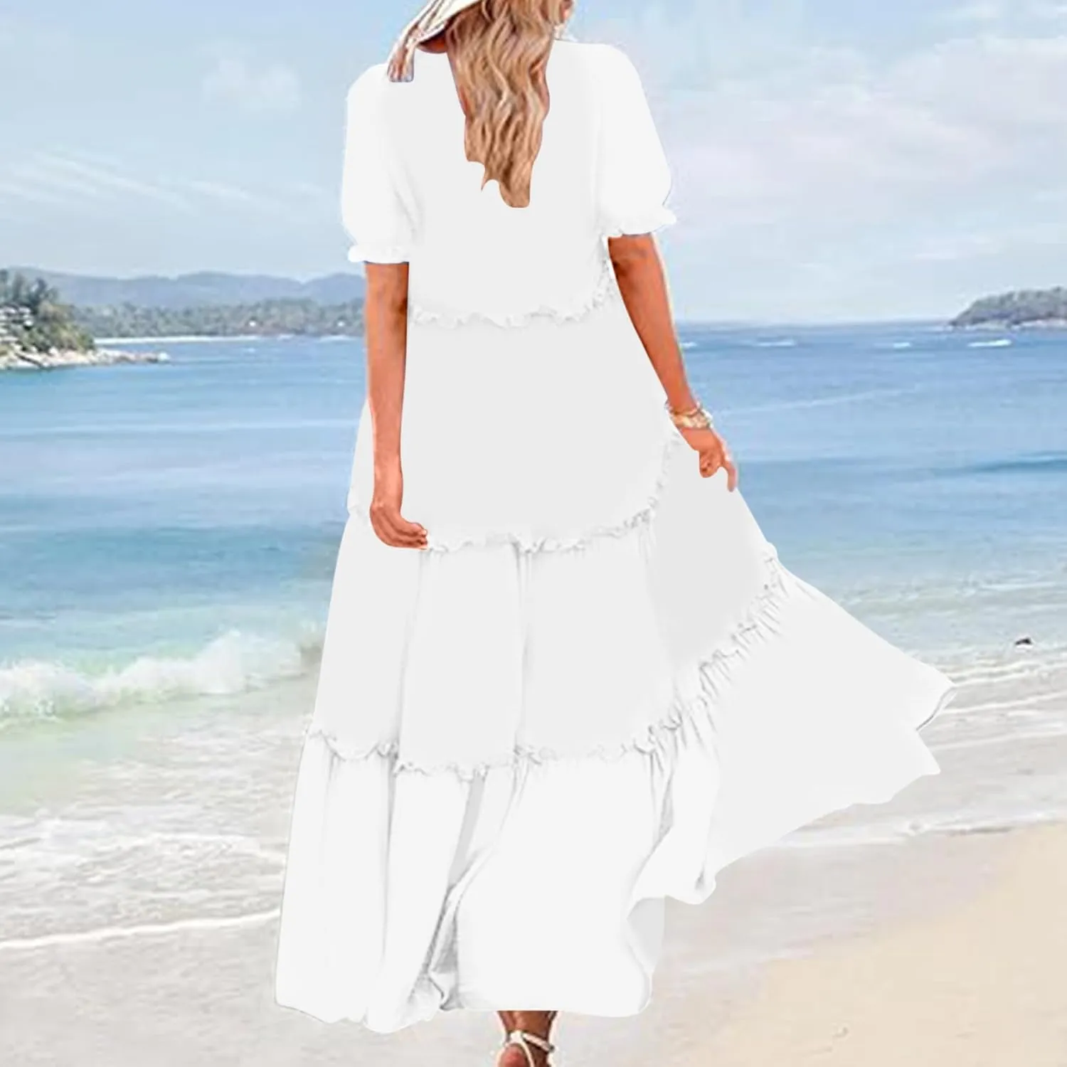 Summer Long Dresses for Women 2024 Casual Loose Fitting Tiered Ankle Length Dresses Solid Short Sleeve Maxi Dress