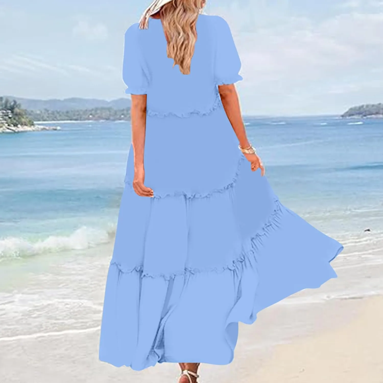 Summer Long Dresses for Women 2024 Casual Loose Fitting Tiered Ankle Length Dresses Solid Short Sleeve Maxi Dress