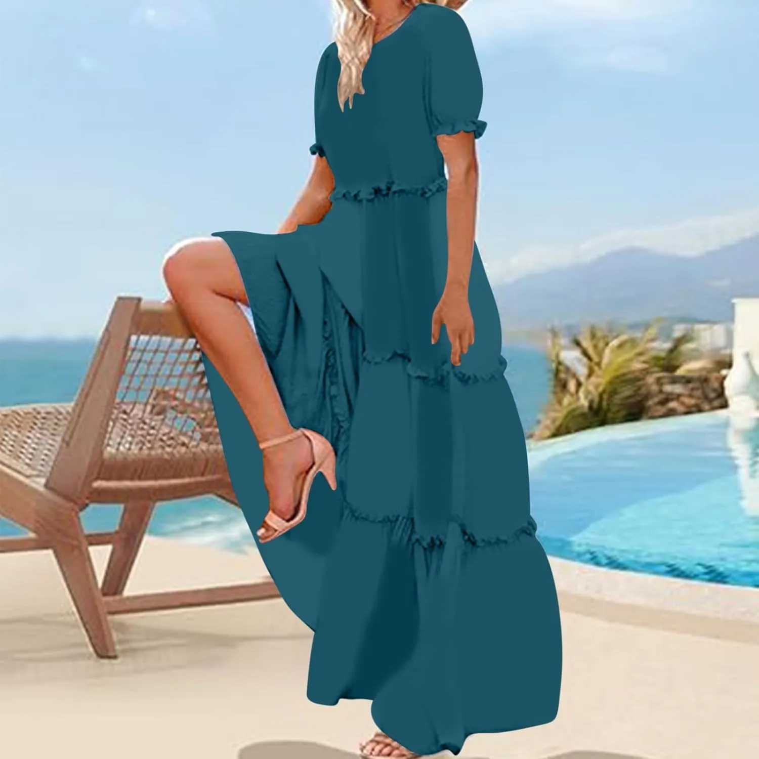 Summer Long Dresses for Women 2024 Casual Loose Fitting Tiered Ankle Length Dresses Solid Short Sleeve Maxi Dress