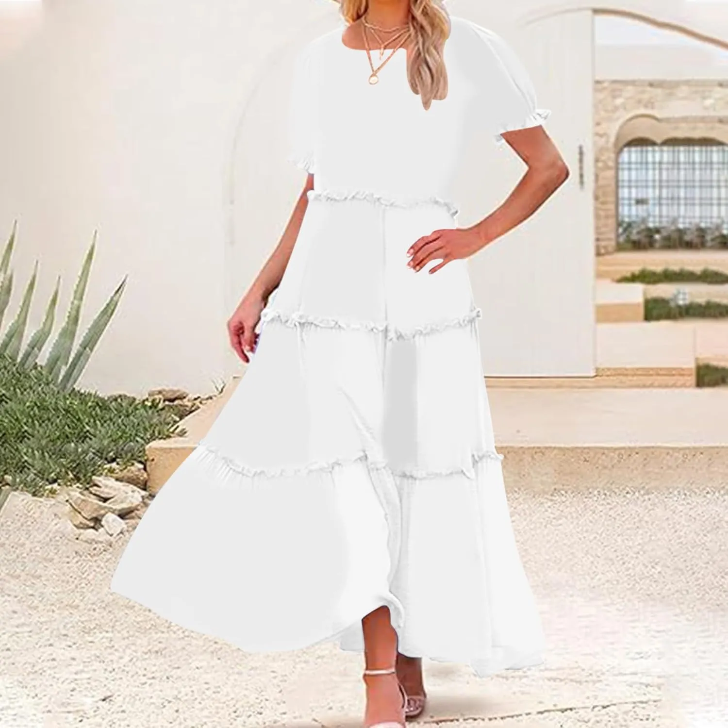 Summer Long Dresses for Women 2024 Casual Loose Fitting Tiered Ankle Length Dresses Solid Short Sleeve Maxi Dress