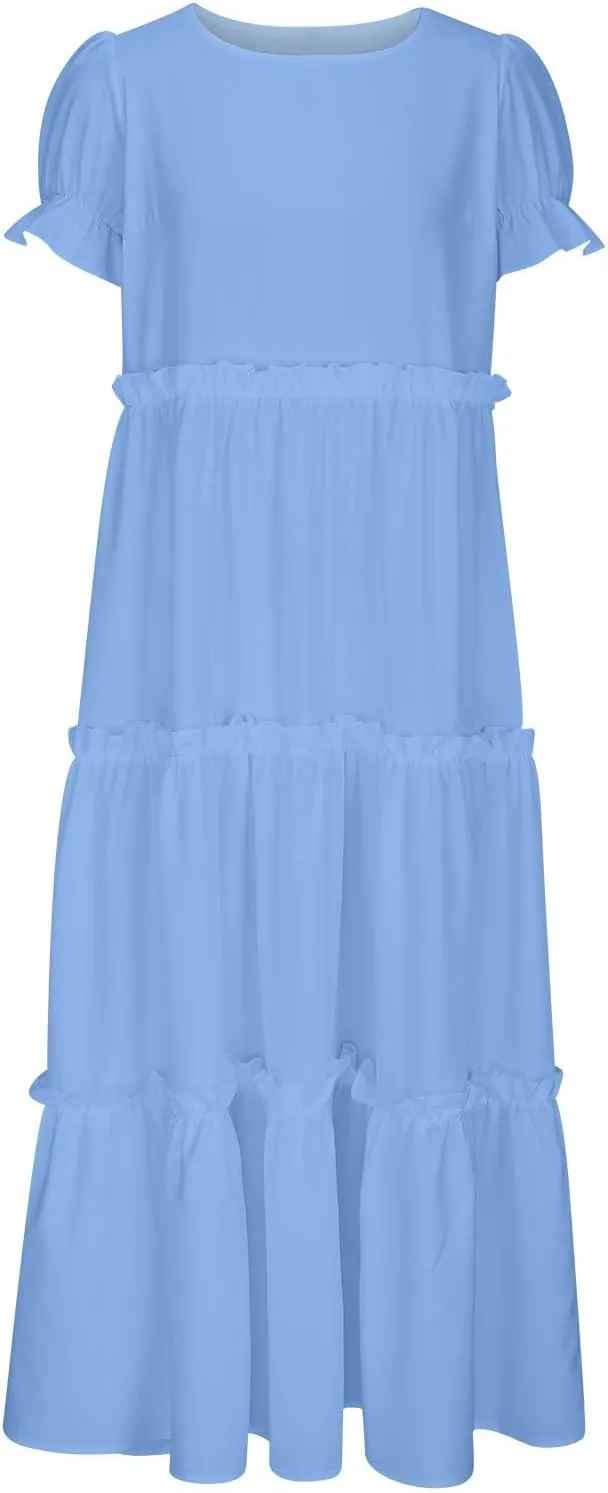 Summer Long Dresses for Women 2024 Casual Loose Fitting Tiered Ankle Length Dresses Solid Short Sleeve Maxi Dress