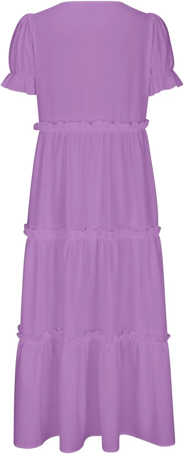 Summer Long Dresses for Women 2024 Casual Loose Fitting Tiered Ankle Length Dresses Solid Short Sleeve Maxi Dress