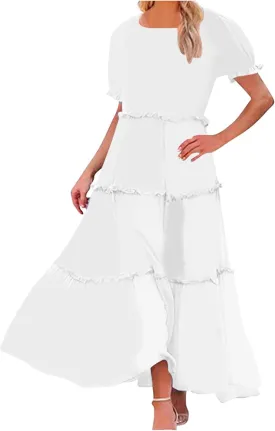 Summer Long Dresses for Women 2024 Casual Loose Fitting Tiered Ankle Length Dresses Solid Short Sleeve Maxi Dress