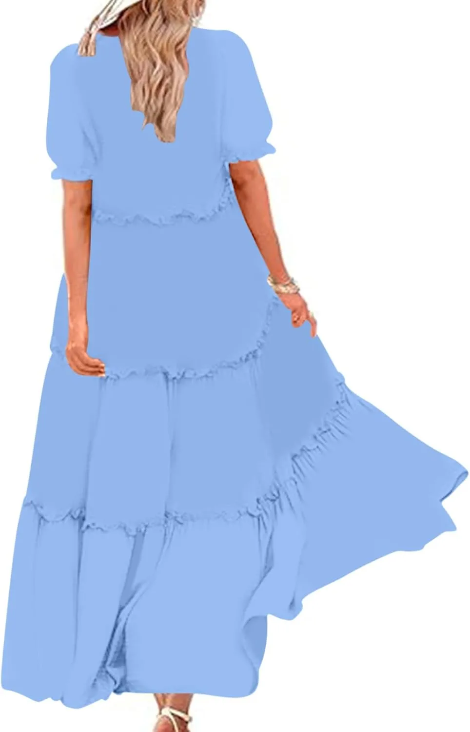 Summer Long Dresses for Women 2024 Casual Loose Fitting Tiered Ankle Length Dresses Solid Short Sleeve Maxi Dress